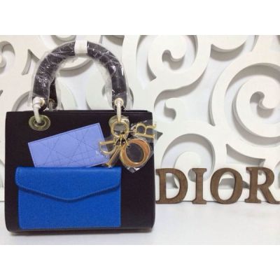 Dior Lady Tri-color Yellow Brass Hardware Leather Tote Bag Blue Front Pocket & Small Black Flap bag 