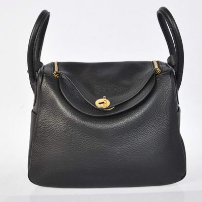 Women's Classic Black Textured-leather Hermes Lindy Yellow Brass Hardware Box Shaped Shoulder Bag Flip-over Flap