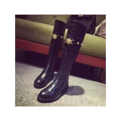 Leisuer Style Versace Medusa Womens Black Leather Adornment Over The Knee Pull On Slouchy Boots  