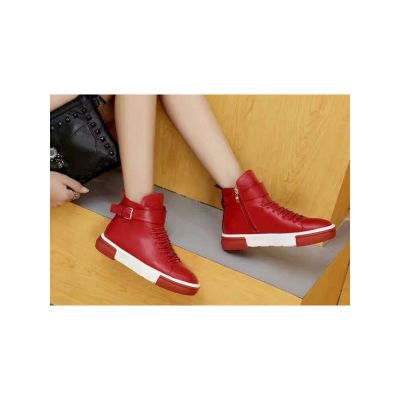 Hermes Spring  Available Zipper Womens Calfskin Leather Lace-up High-top Sneakers With Buckle Trimming Black/Red