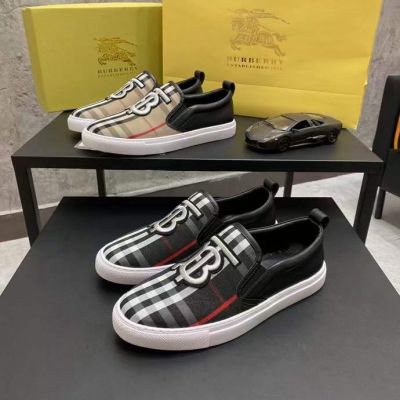 Spring Hot Selling Burberry Big B Logo Embroidery Vintage Check Pattern Men Cotton Fabric Black Leather Patchwork Casual Shoes