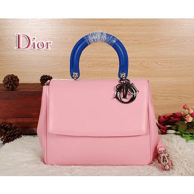 Popular Dior "Be Dior" Pink Calfskin Leather Flap Tote Bag Blue Top Handle Silver Hardware 