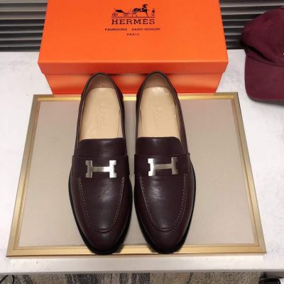 Hermes Classic Style Silver H-shaped Buckle Dark Brown Cow Leather Mens  Business Loafers For Sale