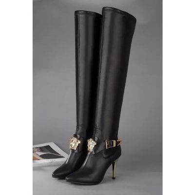 Versace Palazzo Golden Slim Heels Ladies Black Leather High Boots With Medusa Head And Buckle