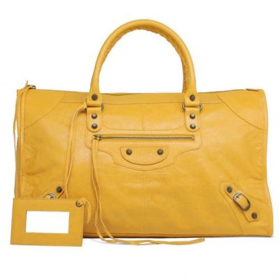 Fashion Balenciaga Yellow Leather Aged Brass Hardware Womens Work Shoulder Bag Studs Totes Online 