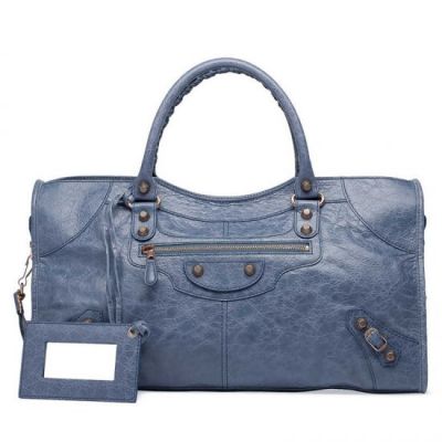 Balenciaga Giant 12 Part Time Ladies Blue Leather Rose Gold Studs Handbag Front Zipper Pocket 
