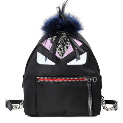 Fashionable Fendi Mohawk Monster Multicolor Leather Trimming Silver Zipper Pocket Black Backpack For Girls   