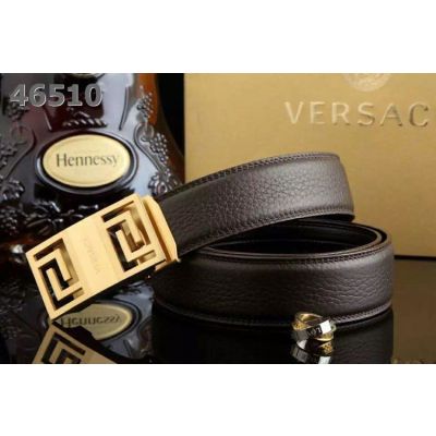 Versace Logo Embossed Slide Buckle High End Grainy Leather Mens Ratchet Belt For Formal Outfits 