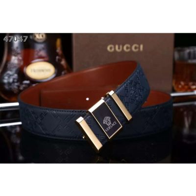 Versace Logo Pattern Frosted Leather Mens Dress Belt With Two-tone Medusa Pin Buckle Black/Navy/Burgundy