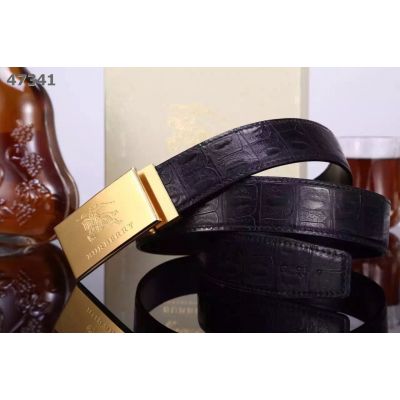 Burberry Comfortable Black Crocodile Strap & Logo Gold/Silver Plaque Pin Buckle Guy Dress Belt Online