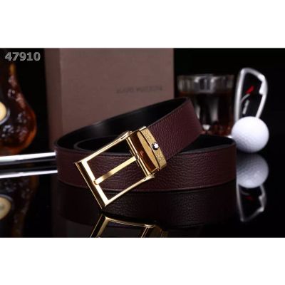  Montblanc Reversible Litchi Leather Strap Logo Embossed Single Tongue Squared Pin Buckle Mens Belt 