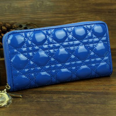 Dior Sapphire Blue Long Lady Dior Cannage Zipper Wallet Patent Leather Golden Hardware 