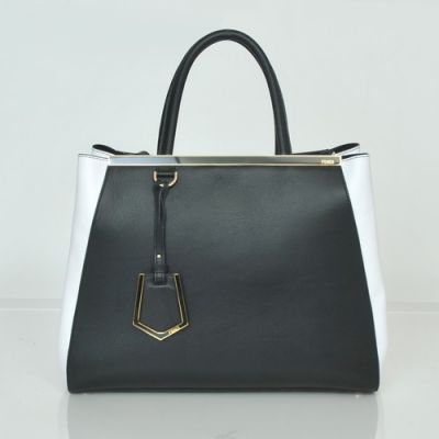Classic Fendi 2Jours Ladies Two-tone Original Leather Double Compartments Trapeze Bag Top Handle Black-White 