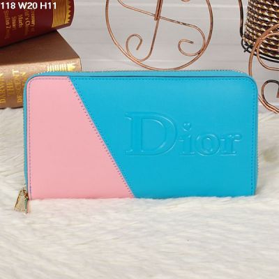 Hot Selling Sky Blue-Pink Yellow Gold Zipper Dior Ladies Leather Clone Wallet 