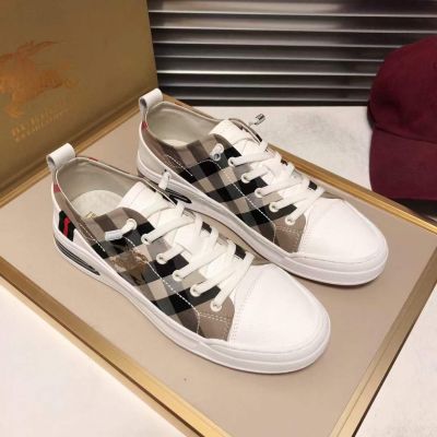 Men's Best Quality Burberry White Calfskin Leather Logo Pattern Canvas Check Lace-up Sneakers Sale Online 