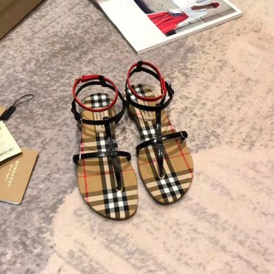 High Quality Burberry Red & Black Patent Leather Vintage Check Slides Ladies Flat T-bar Sandals Online