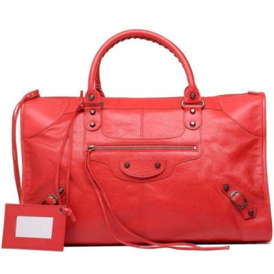 AAA Women's Balenciaga Golden Small Studs Leather Trimming Slim Handle Ladies 46CM Work Totes Coquelicot 