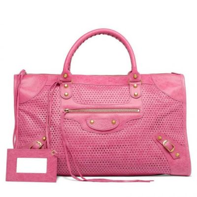 Women's Balenciaga Brass Studs Flat Top Pink Leather Perforated Work Shoulder Bag In Paris 