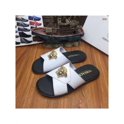 Cheapest Men's Versace High End Calfskin Leather Yellow Gold Plated Medusa Pool Slides Red/White
