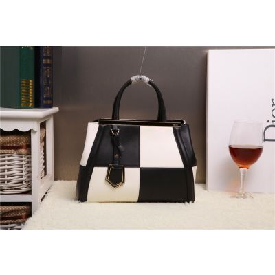 Latest Fendi 2Jours Black-White Calfskin Leather Patchwork Totes Arrow-shaped Trimming Trapeze Bag Colorful For Girls 