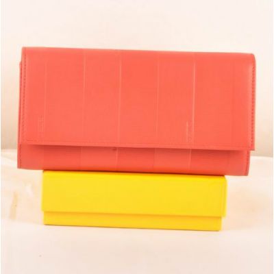 Trend Style Fendi Red Soft Calfskin Leather Zipper Coin Purse Womens Long Flap Striped Wallet  