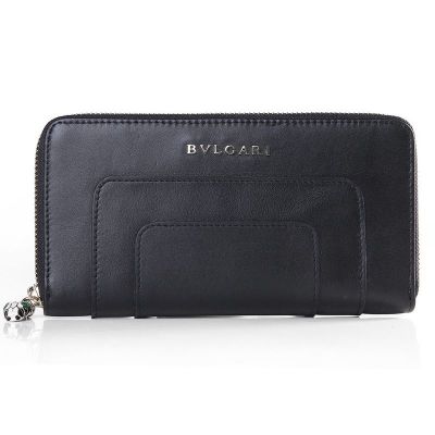 Women's Bvlgari Zipper Wallet Serpenti Fashion Guttiform Gemmy Puller Calfskin Leather Black 