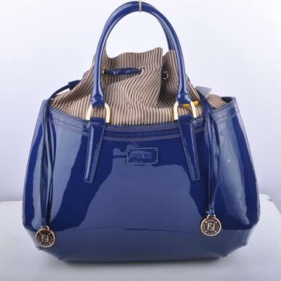 Good Price Fendi B Fab Brown Striped Top Womens Large Sapphire Blue Patent Leather Handbag Top Handle 