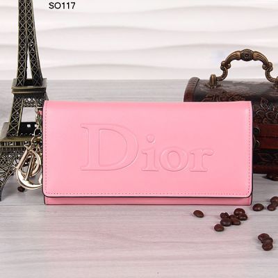 Sweet Style Pink Smooth Leather Dior Ladies Big Wallet Yellow Gold D.I.O.R Charm  