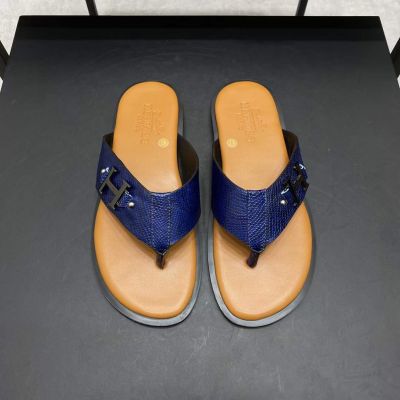 Hermes Low Price Sapphire Grain Cow Leather Silver H Buckle Summer Fashion Male Flip Flop 