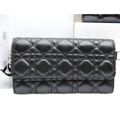 Dior "Lay Dior" Black Timeless Pieces Sheepskin Leather Cannage Quilted Long Wallet Tri-fold 