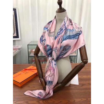Spring High End Hermes Ladies Printing Plume Silk Twill Giant Scarf Pink 140 cm