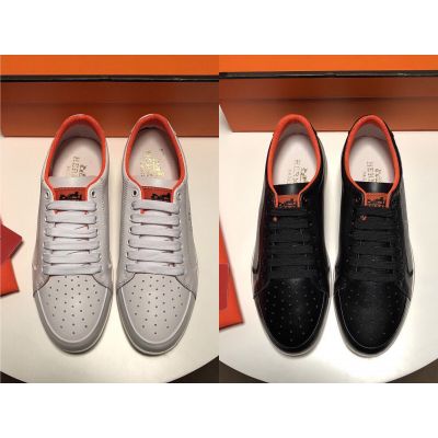 Classic Style Hermes Logo Pattern & Orange Details Mens Perforated Toe Spring Sneakers Black/White