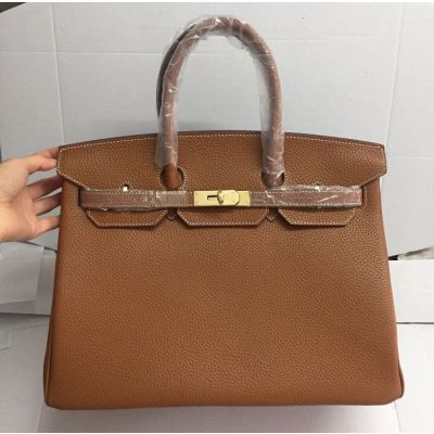 Fake Top Sale Female Hermes Coffee Grained Leather Birkin Handbag Flip-over Flap Golden Lock 