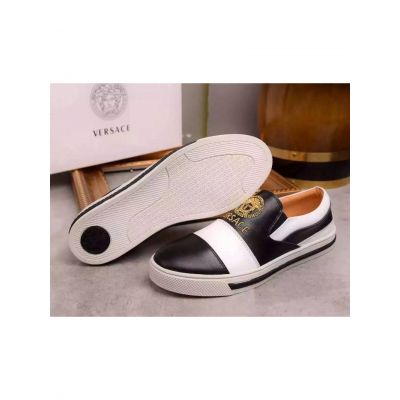 Hot Selling Versace Two-tone Rubber Outsole Mens Black-White Calfskin Leather Loafers With Yellow Medusa Jacquard