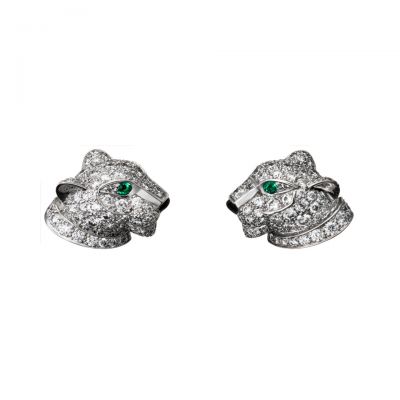 Panthere de Cartier Stud Earrings  N8050700 White Gold Diamonds Emeralds Celebrity Style India