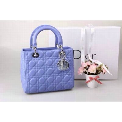 Medium Lady Dior Lambskin Leather Cannage Quilted Baby Blue  Tote Bag Silver Hardware 