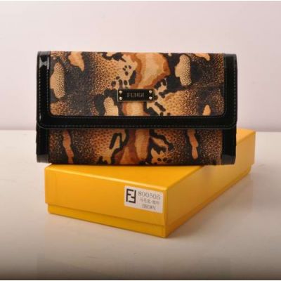 Top Sale Fendi Black Patent Leather & Coffee Horsehair Leather Long Flap Clone Wallet For Ladies 