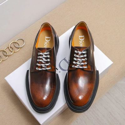  Dior Retro Style Brown Cow Leather Upper Black Rubber Lace-up  Casual Shoes For Mens 