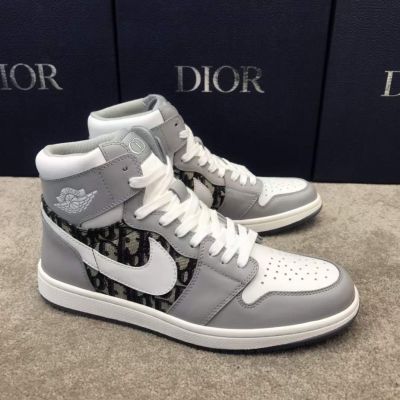 Hot Selling Dior Oblique Galaxy & Nike Detail High-Top Grey White Calfskin Leather Lace-up Sneakers For Men