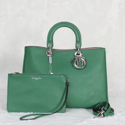 Hot Selling Spring Dior "Diorissimo" Female Litchi Leather Green Jumbo Handbag Silver Pendant Price List UK