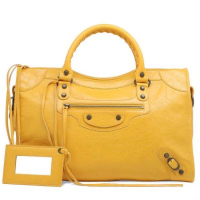 Best Balenciaga Classic City Ladies Lemon Yellow Golden Studs Top Handle Shoulder Bag For Sale 