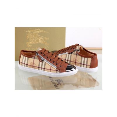 Men's Spring Burberry Fabric Check & Calfskin Leather Zipper Design Low-Top Lace-Up  Trainers 