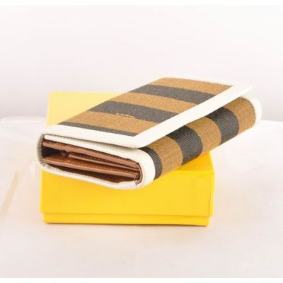 Fendi White Leather With Striped Fabric Many Card Slots Ladies Long Tri-Fold Long Wallet 