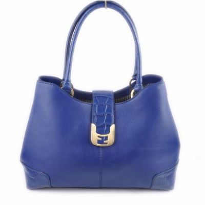  Fendi Chameleon Yellow Brass Buckle Ladies Blue Flap Tote Bag Curved Top Smooth Leather & Crocodile 