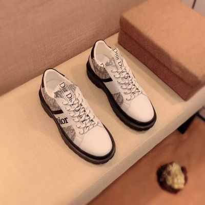 Dior High Quality White Calfskin Leather Fabric Upper Black Rubber Sole Oblique Pattern Mens Lace-up Sneakers