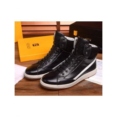 2017 New Fendi Guy Genuine Leather & Suede Leather Patchwork  High-top Lace-up Sneakers Black/White  