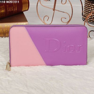  Dior Golden Hardware Purple-pink Smooth Leather Zipper Wallet 20CM x 11CM  