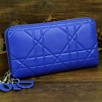 Hot Selling Dior Escapade Sapphire Blue "Lady Dior" Leather Long Zipper Wallet Blue D.I.O.R Charm  