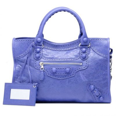 Balenciaga Giant City Bleu Lavande Silver Zipper Pocket Ladies Leather Studs Brogues Crossbody Bag  