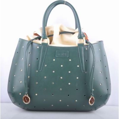 High Quality Fendi B Fab Green Leather Perforated Top Handle Handbag Long String With Golden Trimming 